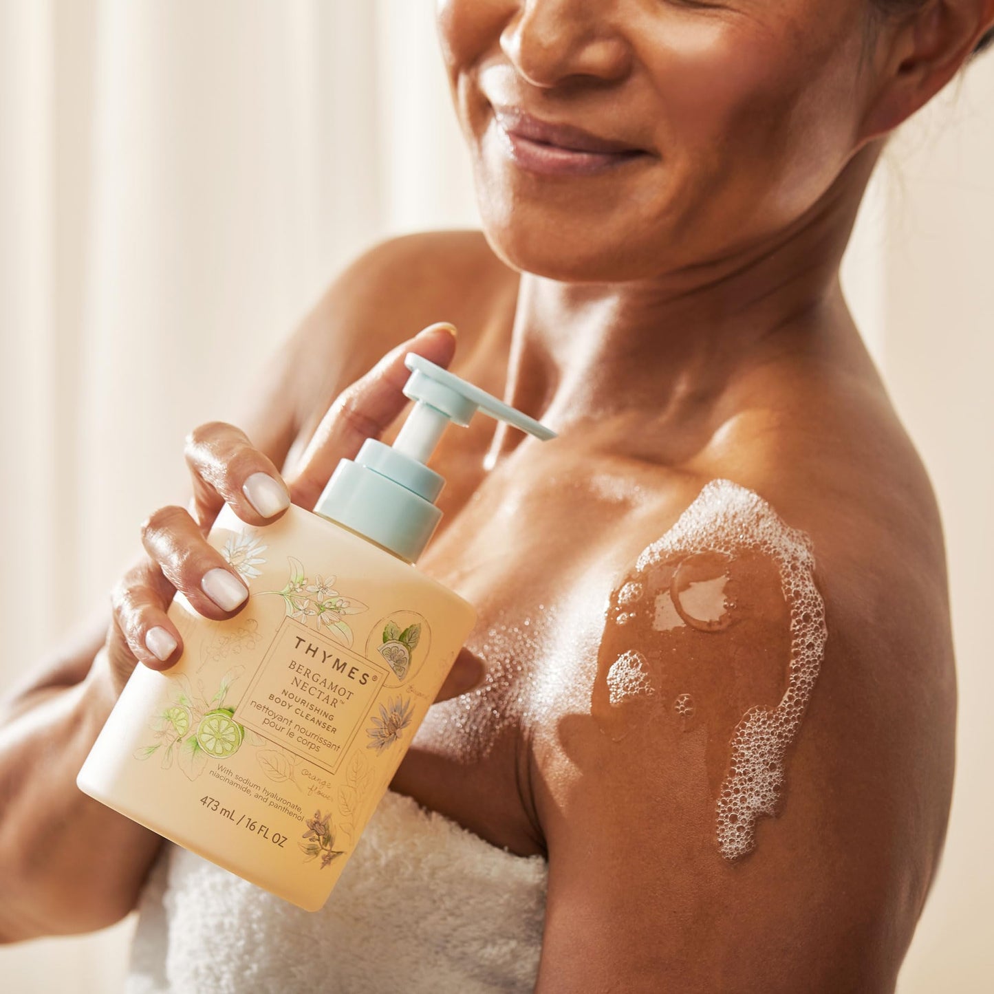 Thymes Nourishing Body Cleanser - Large Moisturizing Body Wash with Pump - Hydrating Cleanser - Notes of Bergamot, Orange Flower, Lemon, Lotus & Sandalwood. (Bergamot Nectar, 16 fl oz)