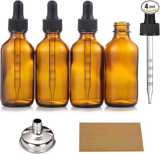 4 Pack 1 oz Glass Dropper Bottles with Measured Dropper - 30ml Dark Amber Tincture Bottles with Graduated Calibrated Glass Eye Droppers (1ml) for Essential Oils, Liquids - Leakproof Travel Bottles