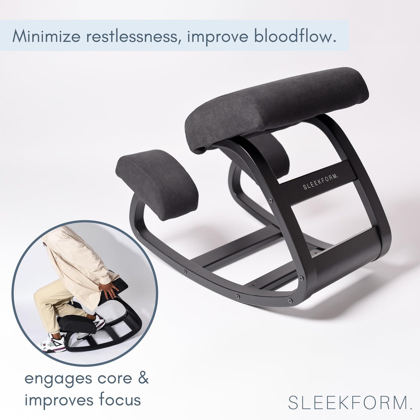 SLEEKFORM Ergonomic Kneeling Chair - Rocking Balancing Wood Knee Stool | Posture Correcting for Bad Backs, Neck Pain & Spine Tension Relief | Orthopedic Balance Seat & Thick Comfortable Knees Cushions