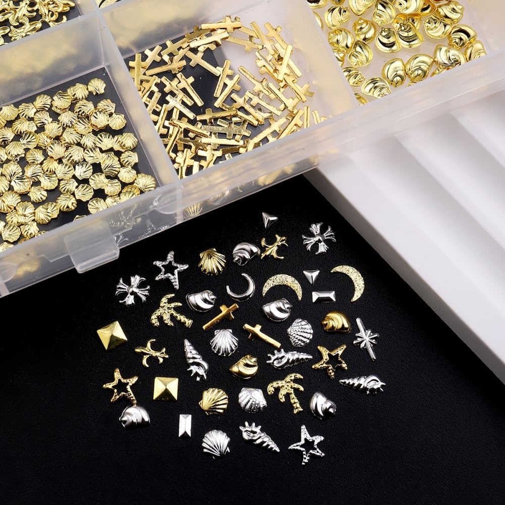Gold Silver Nail Charms 3D Alloy Flower Nail Gems Metal Moon Star Nail Jewels Multi-Shapes Ocean Beach Starfish Seashell Nail Art Supplies with Tweezer for Women DIY Acrylic Nail 24 Grids 1 Box