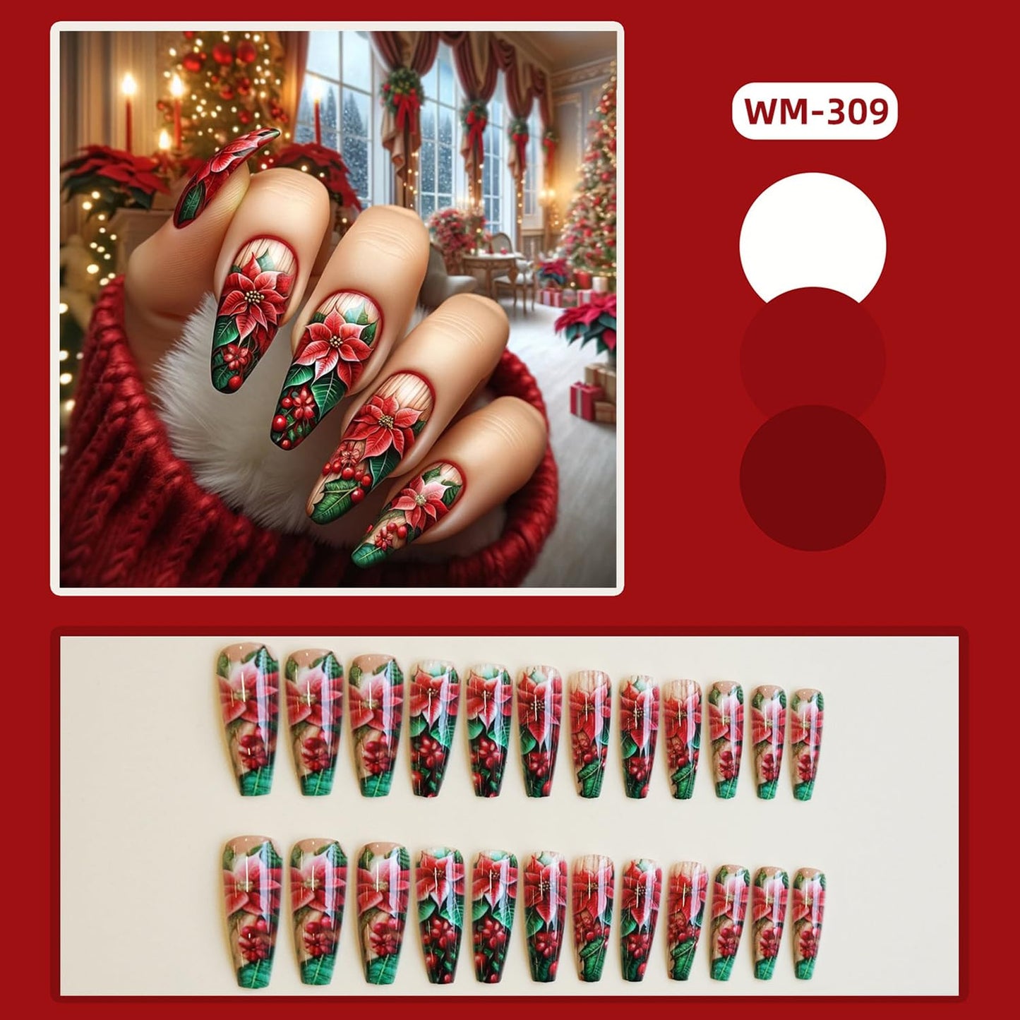 24Pcs CJDLTS Flower Press on Nails Long Ballet Artificial Acrylic False Nails Green Leaf Red Floral Design Stick on Nail Christmas Fake Nail Full Cover Winter Artificial Fingernails for Women Manicure