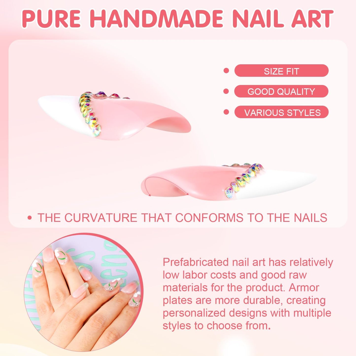 Yabonica Handmade French Tip Press On Nails Stiletto,10Pcs False Nails Press Ons with 3D Bling Rhinestones Design,Long Lasting&Reusable Glue On Fake Nail for Woman Girls Party Daily Wear Gift (039S)