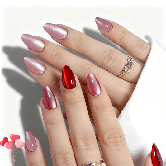 ELSAGIRL 160Pcs Cat Eye Press on Nails Short Almond, 5 Colors Red Pink Magnetic Fake Nails, Salon Quality Soft Gel Glue on Nails with 16 Sizes, Shimmer Velvet Full Cover False Nails Kit for Women