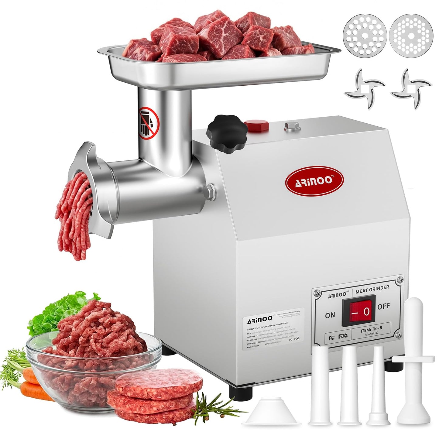 ARINOO Electric Meat Grinder #8, 0.5HP Heavy Duty Industrial Stainless Steel Meat Mincer, Sausage Stuffer with 2 Blades, 2 Plates & 3 Sausage Tubes, Meat Grinder Machine for Home Use Butchering