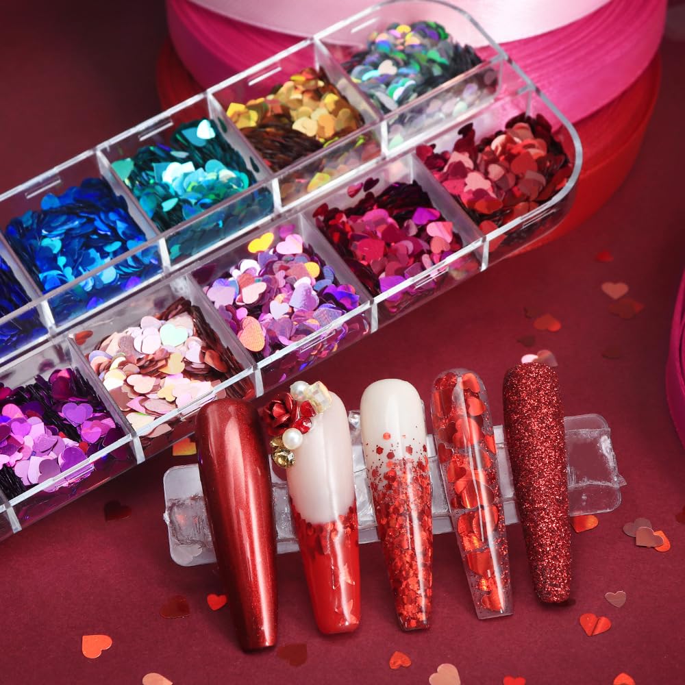 AWDSLUY 12Girds Litter Star Round Heart Nail Glitter Sequin Retro Love Heart Nail Glitters 3D Valentines Nail Art Sticker Decals Nail Art Supplies Holographic Shiny Gold Nail Sequins for Manicure