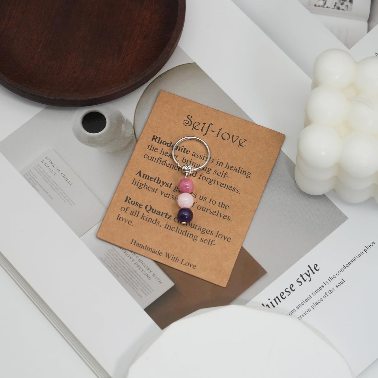 Ronglry Healing Crystal Jewelry Set - Crystal Stones Bracelets & Keychain for Women - Empath Gifts