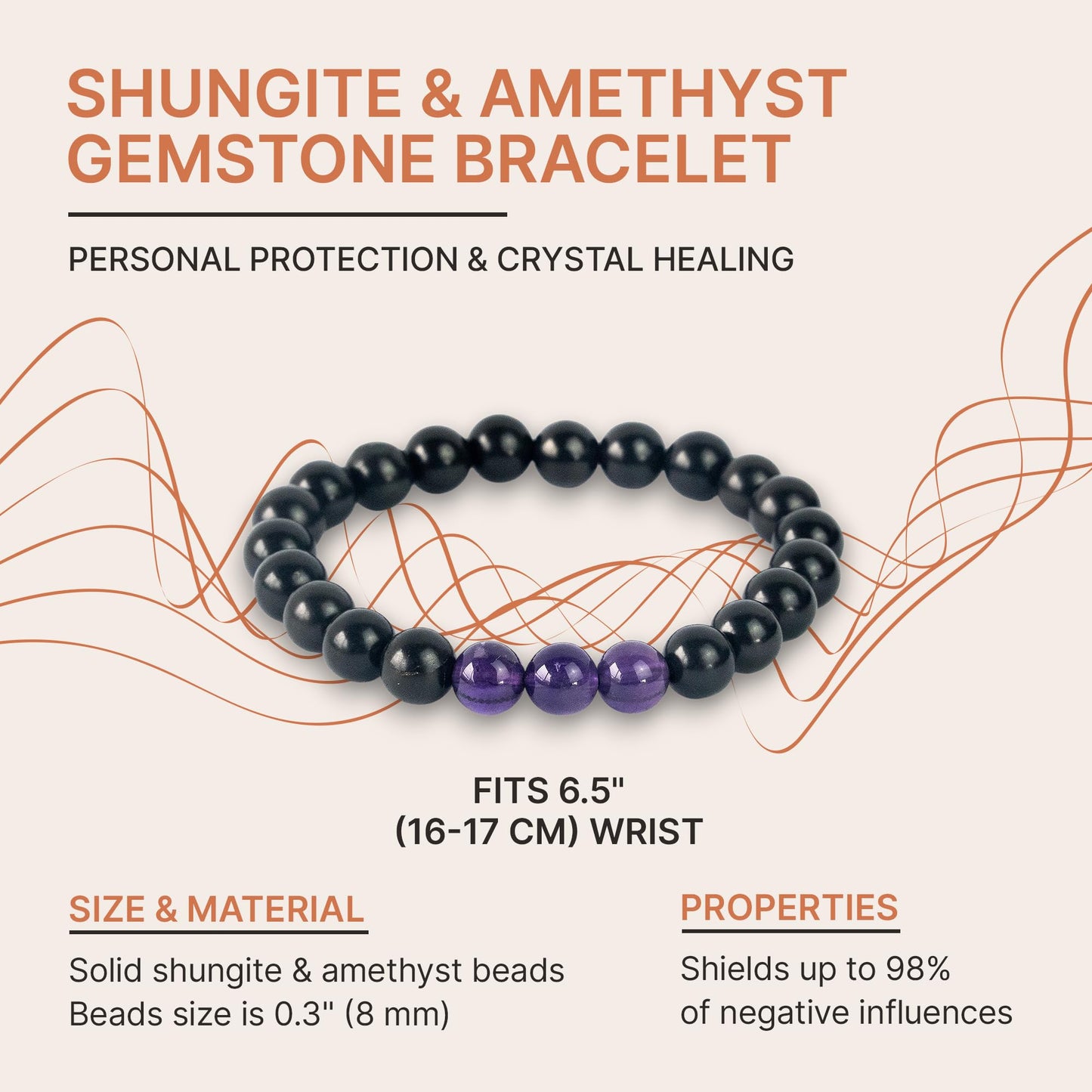 Karelian Heritage Black Shungite Beaded Bracelet, 8mm Handmade Stretchy Unisex, Crystal Healing Authentic Stone, Spiritual Chakra Balance Jewelry (Shungite & Hematite)