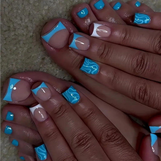 48Pcs Blue Press on Toenails Short Square Press on Nails Blue White French Tips False Nails with Water Ripple Design Glossy Skintones Fake Toenails Summer Fake Nails Kit for Women Girls Manicure
