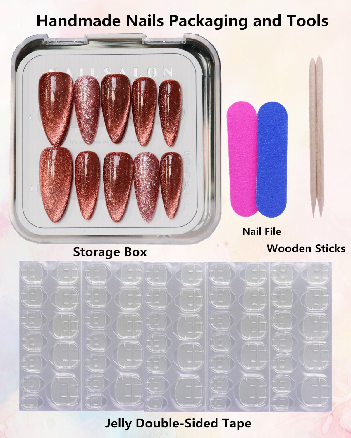 CAMILCY Press on Nails Handmade Nails Luxury Reusable Fake Nails For Girls long Almond Armor Cat's Eye Brown Diamonds HandPainted Salon Loveful Design Acrylic GelUV Finished 3D Nails 10PCS (A031, M)