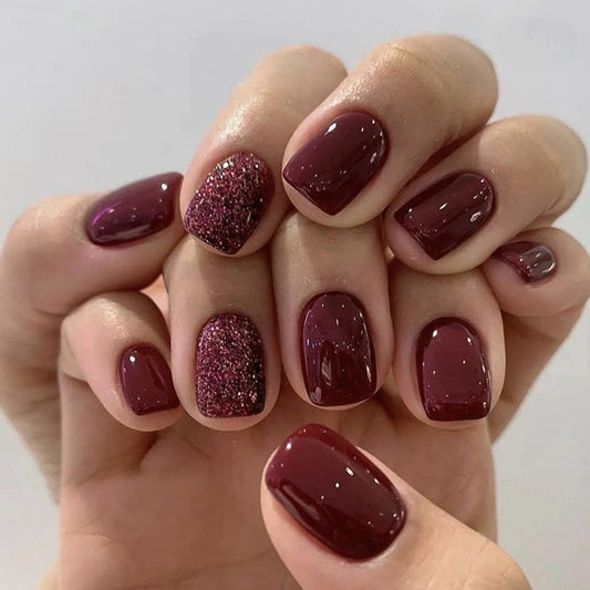 Square Press on Nails Short Fake Nails with Glitter Designs Red Nails Press ons Winter Acrylic Nails for Women 24Pcs