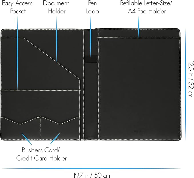 STYLIO Padfolio Portfolio Organizer Binder | Interview Resume Folder, Legal Document, Business Card Holder |w/Letter-Sized Notepad | Handsome Piano Noir Faux Leather Folio Matte Finish, Accent Stitch