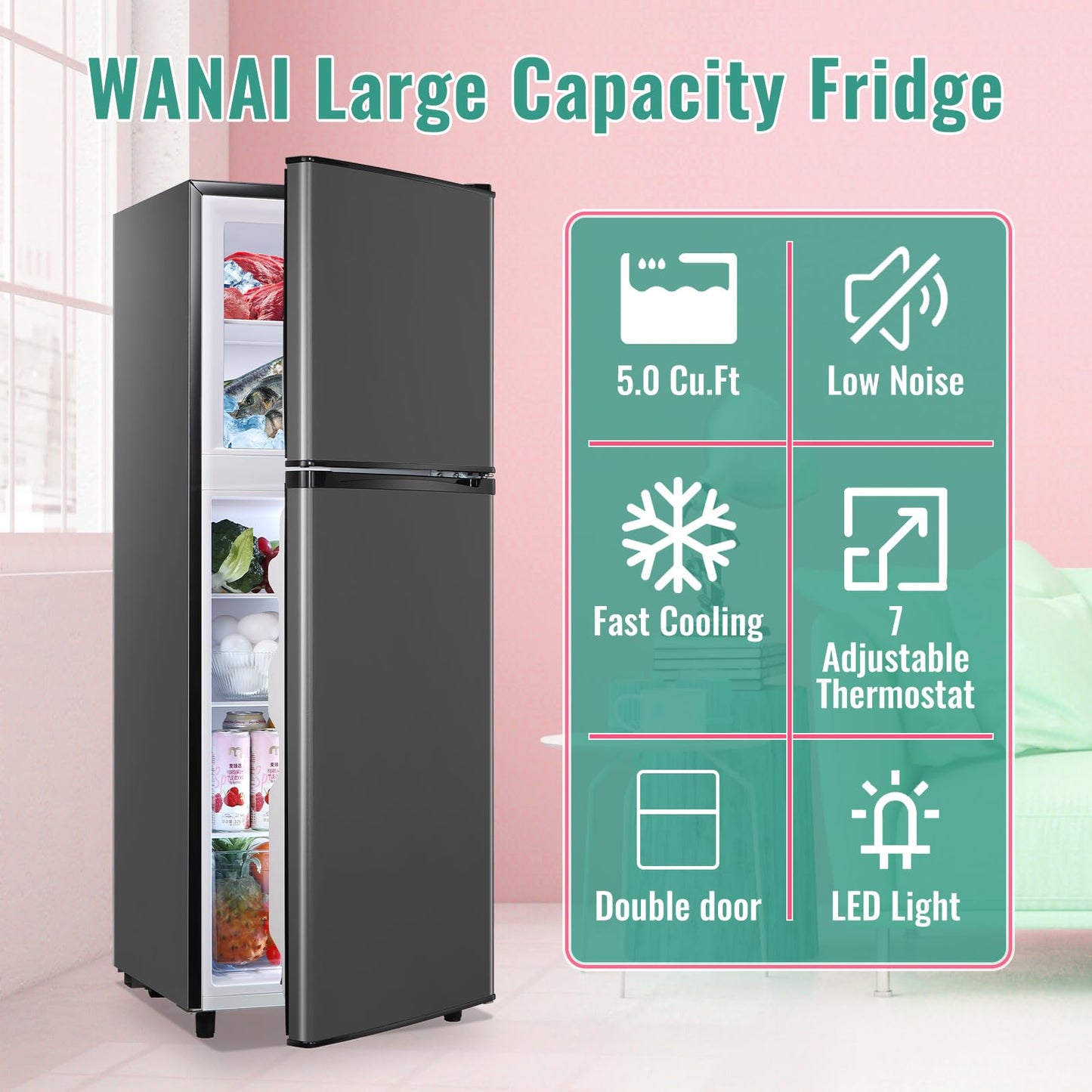 WANAI 5.0 Cu.Ft Fridge with Freezer, Dual Door Refrigerator with 7 Settings Temperature Adjustable, Small Fridge for Office Apartment and Home, Dark Gray