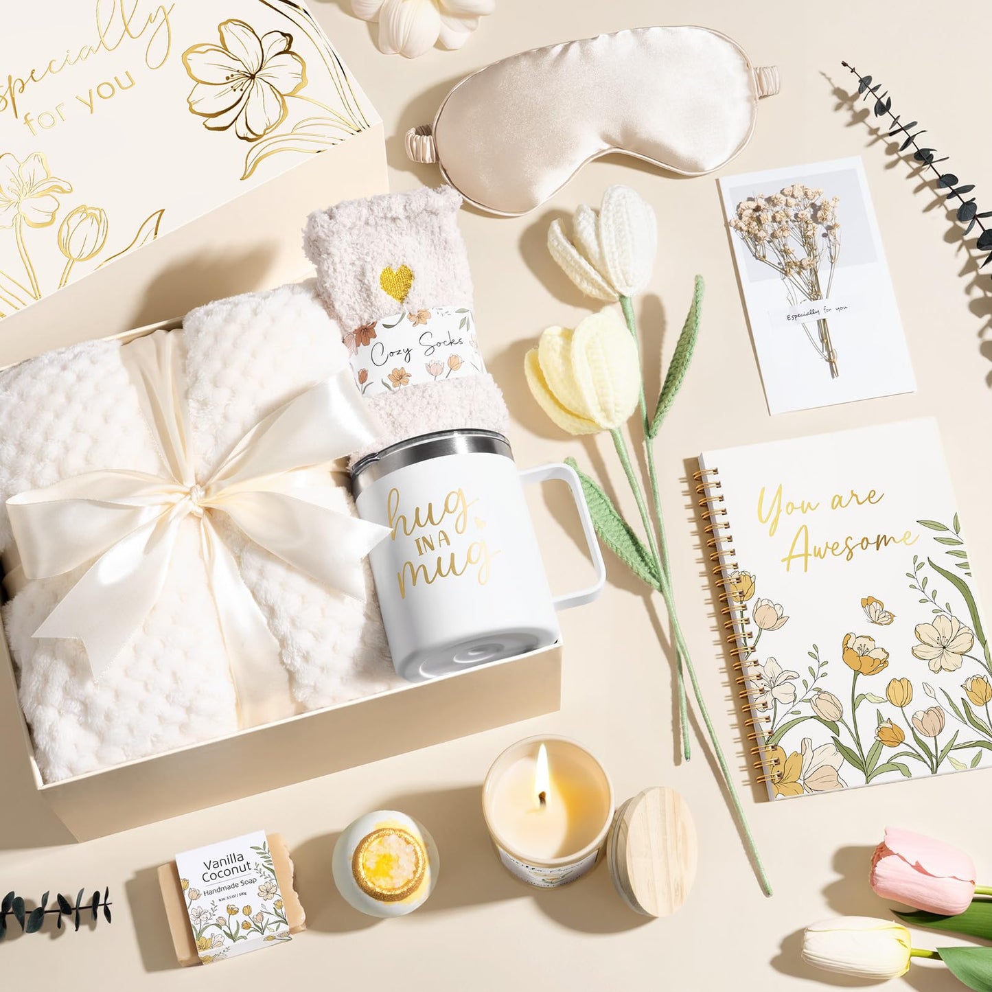 Mothers Day Birthday Gifts for Women Self Care Package, Get Well Soon Gift Baskets for Women Spa Gifts Set, Unique Thinking of You Inspirational Sympathy Gift Baskets for Mom Her Wife Friend Sister