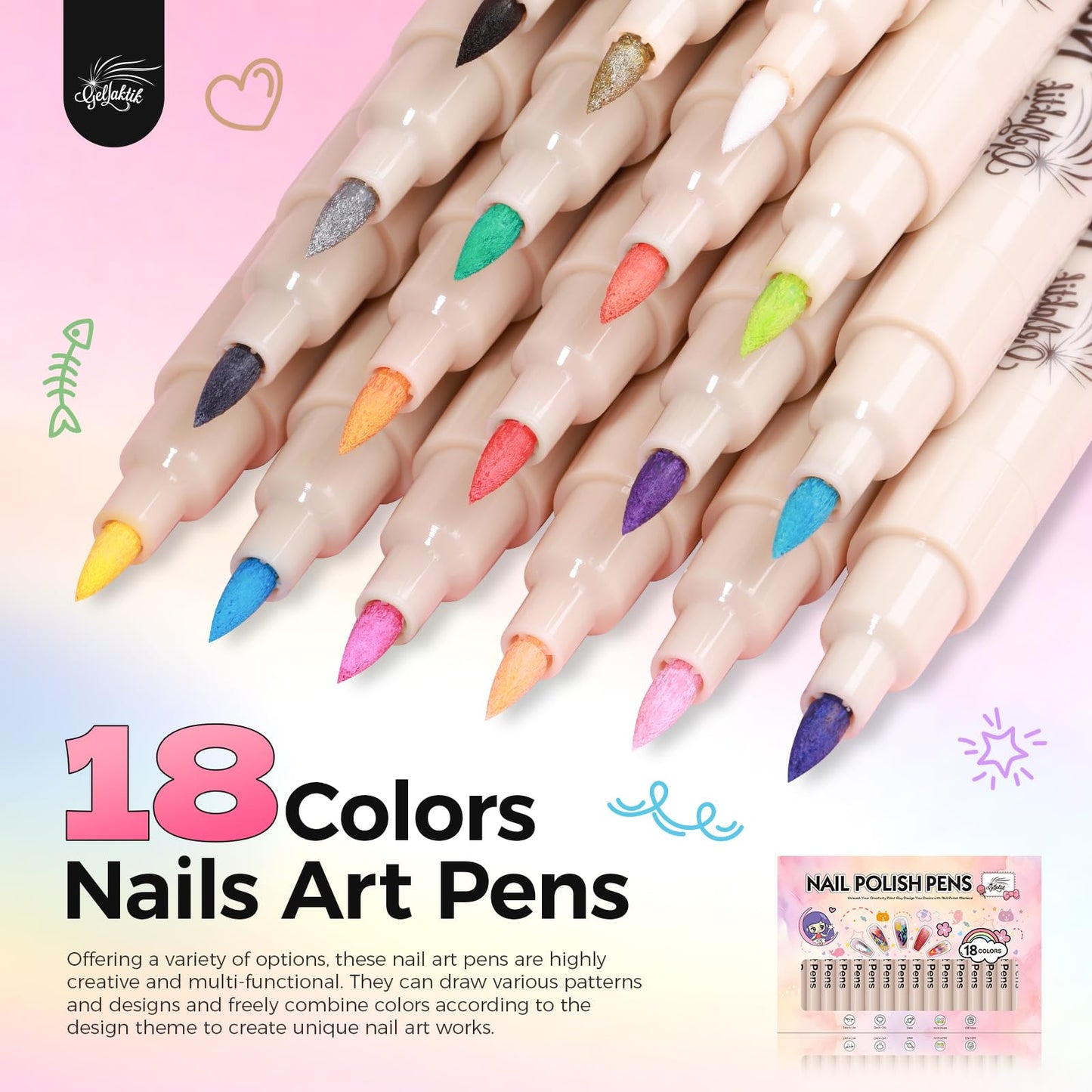 GELLAKTIK 18 Colors Nail Art Pens Set, 3D Nail Polish Pens Quick-Drying Acrylic Paint Markers, Dotting Liner Brush for DIY Nail Design, Home & Salon Manicure Tools