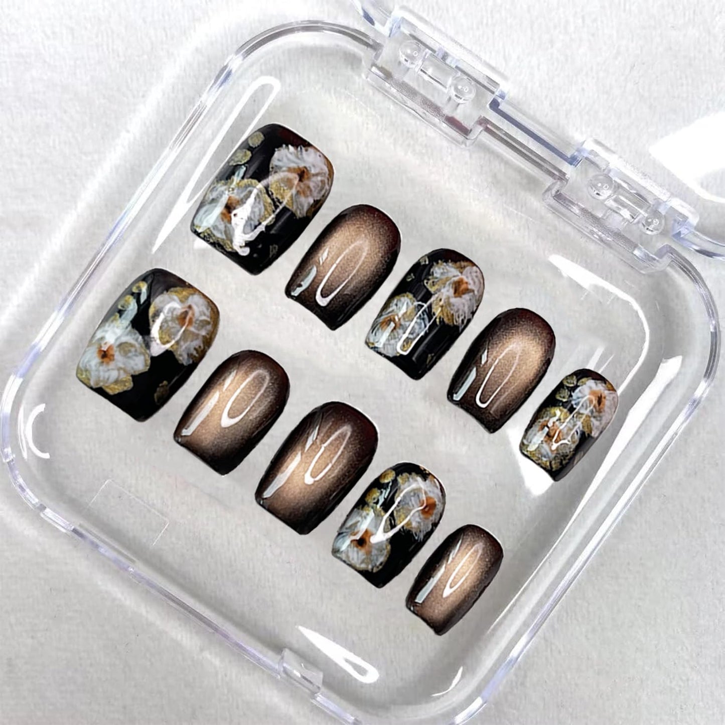 Handmade Press on Nails Short Square Fake Nails Press Ons Gold Brown Glitter Luxury Flower Full Cover Stick on Nails Glue on Nails for Women Girls Manicure (Floral Glitter S)