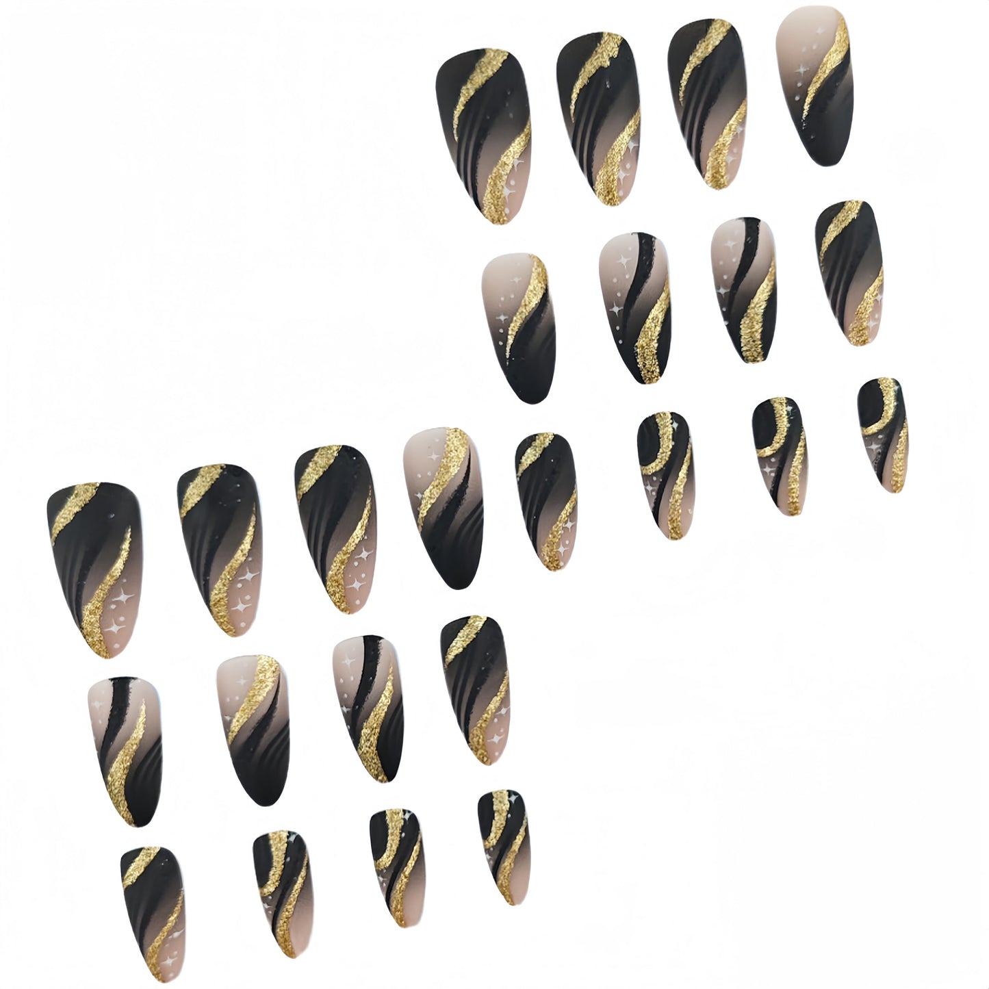 24pcs Black Gold Wire Almond Press Nails Medium Length Gold Foil Glitter Full Cover False Nail Designs for Women Girls Acrylic Nail Art Decoration