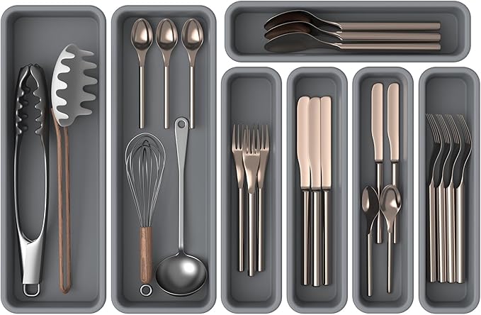 7 Pack Silicone Silverware Drawer Organizer, DIY Free Combination Kitchen Drawer Organizer, Utensil Organizer, Moisture-proof and Heat-resistant up to 200Â°C, Anti-slip Design (Grey)