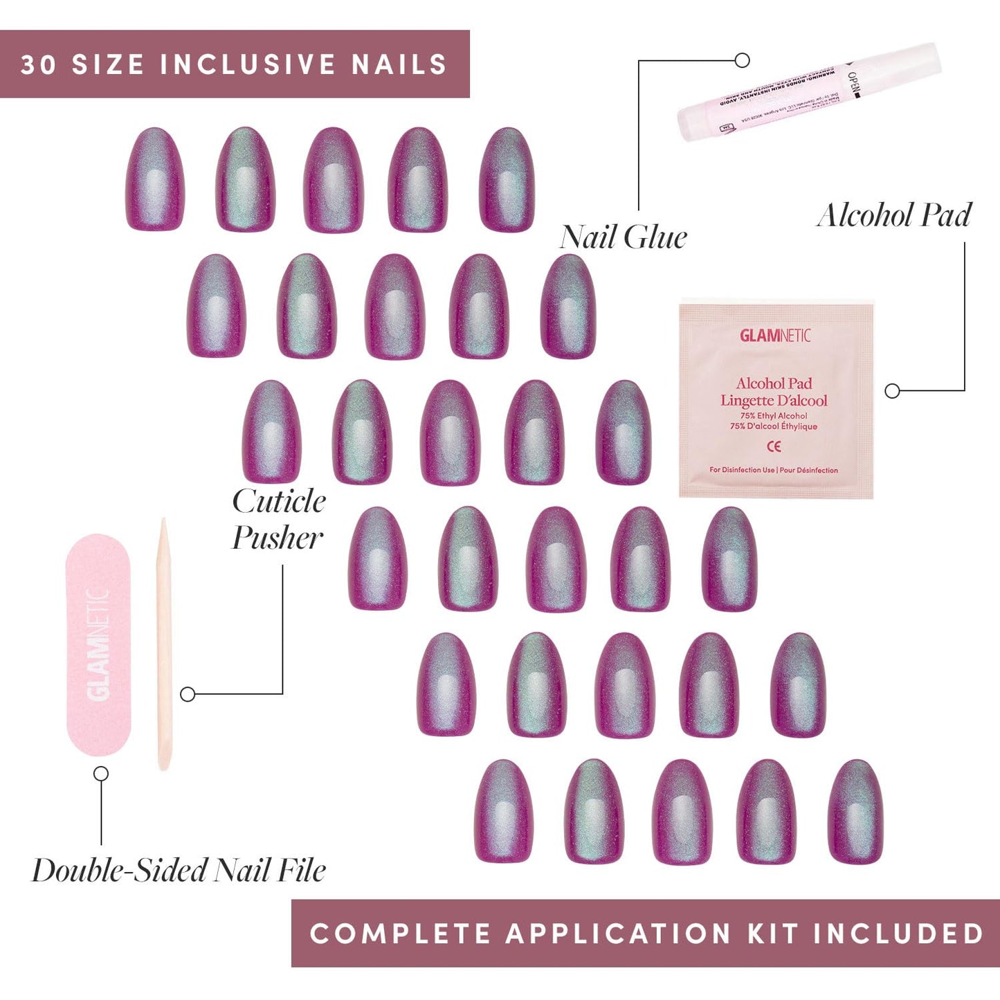 Glamnetic Press-On Nails Bundle - Midnight Romance, Berry Fizz & Hailey | Squoval Black Fake Nails with Magnetic Cat-Eye Design | Oval Magenta Nails with a Metallic Finish | Glazed Short A