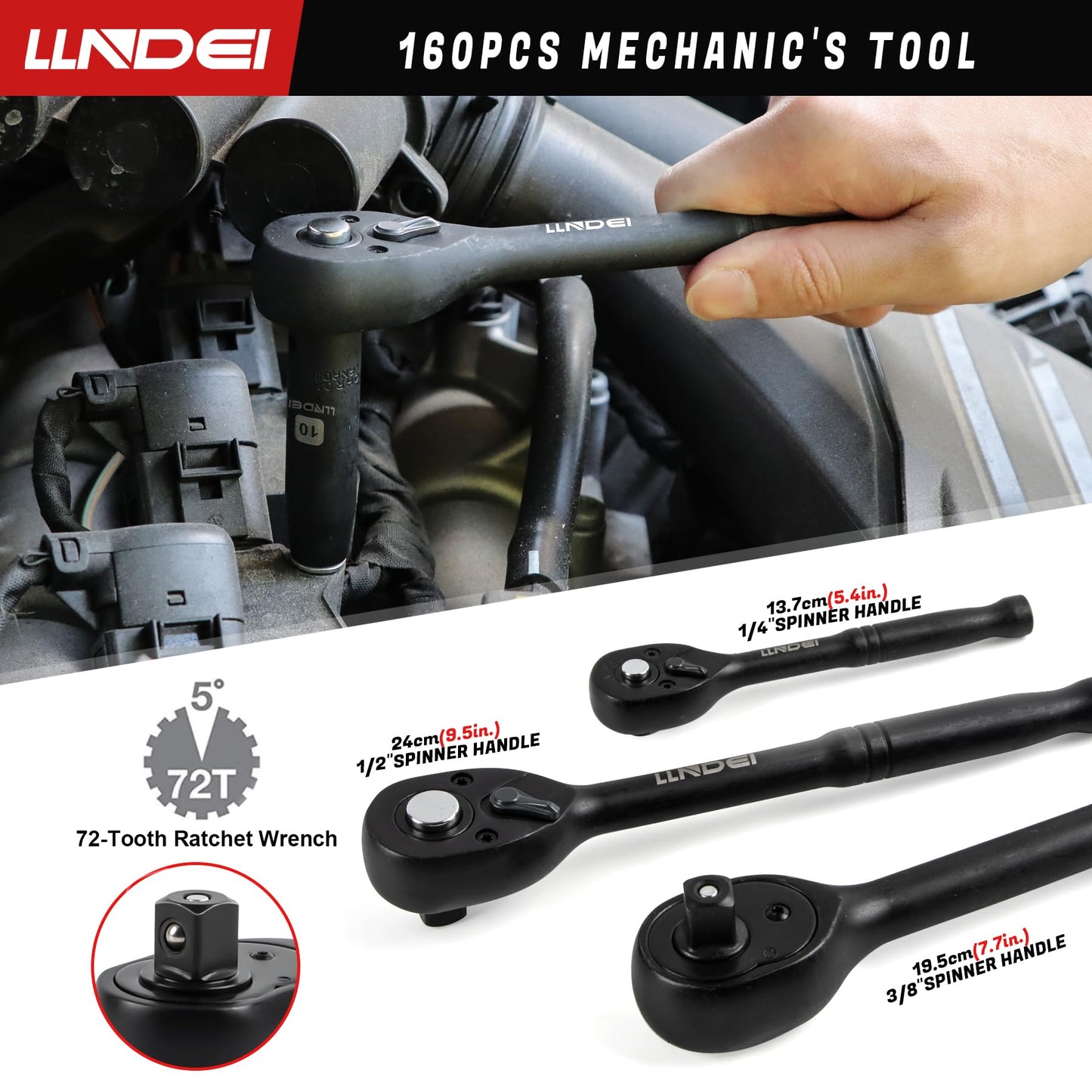 LLNDEI 160-Piece Mechanics Tool Set, Metric Socket Set 1/2 1/4 3/8 inch Drive Professional Tool Kit, CR-V Deep & Shallow Kit with Quick Release Ratchet