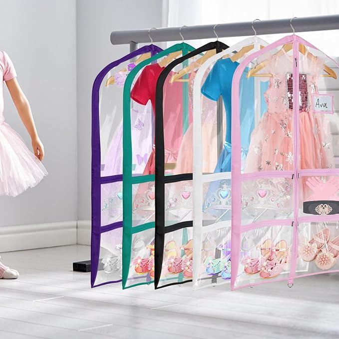 Univivi PVC Dance Costume Bags (3 Pack) Garment Bag 40 Inch for Dance Competitions, with 4 Medium Clear Zipper Pockets and 1 Large Back Zippered Pocket - Clear Blue Green
