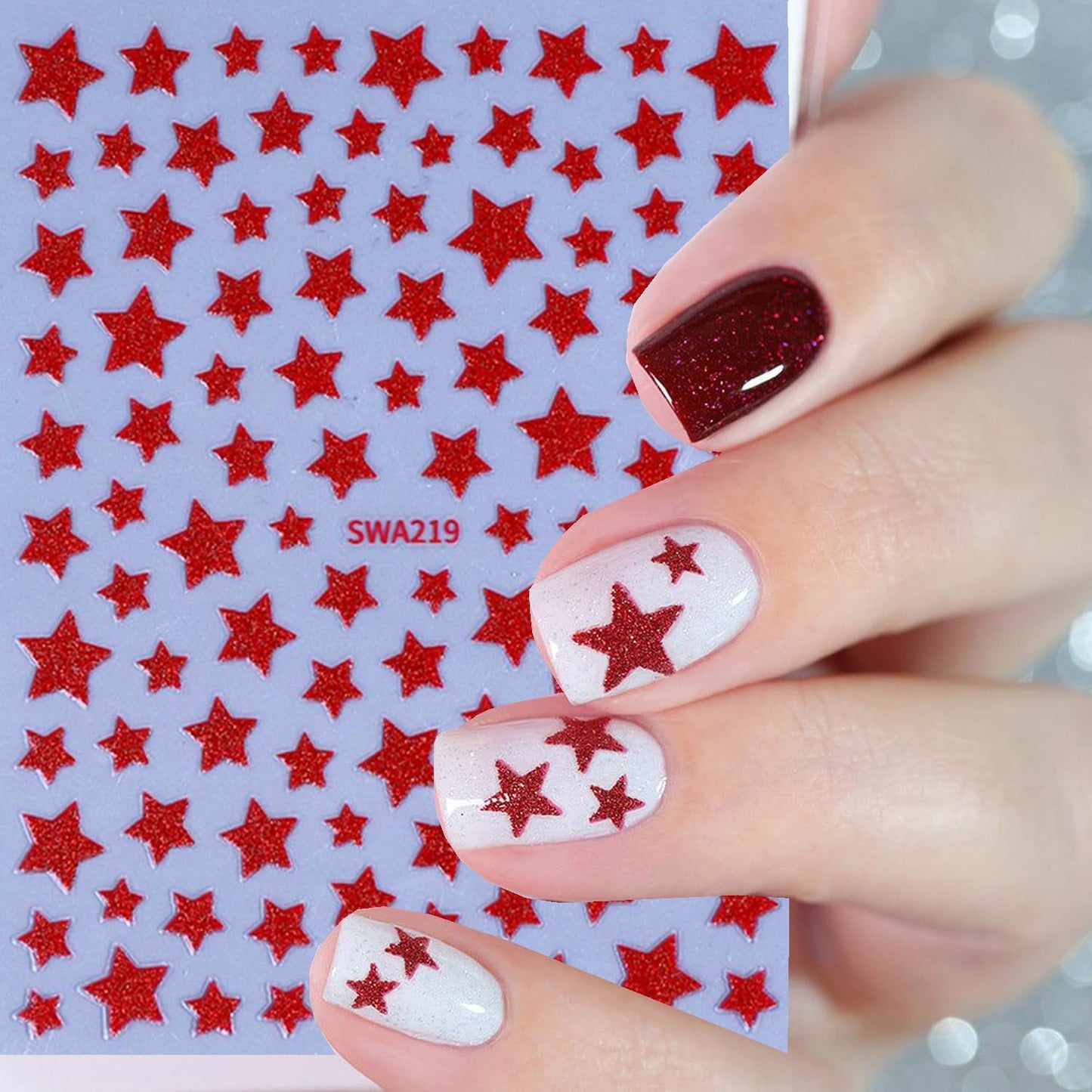 6 Sheets 3D Star Nail Stickers for Nail Art - Self-Adhesive Red Blue White Star Nail Decals, Patriotic 4th of July Independence Day Nail Supplies Sticker for Women DIY Manicure Decor Nails Accessories