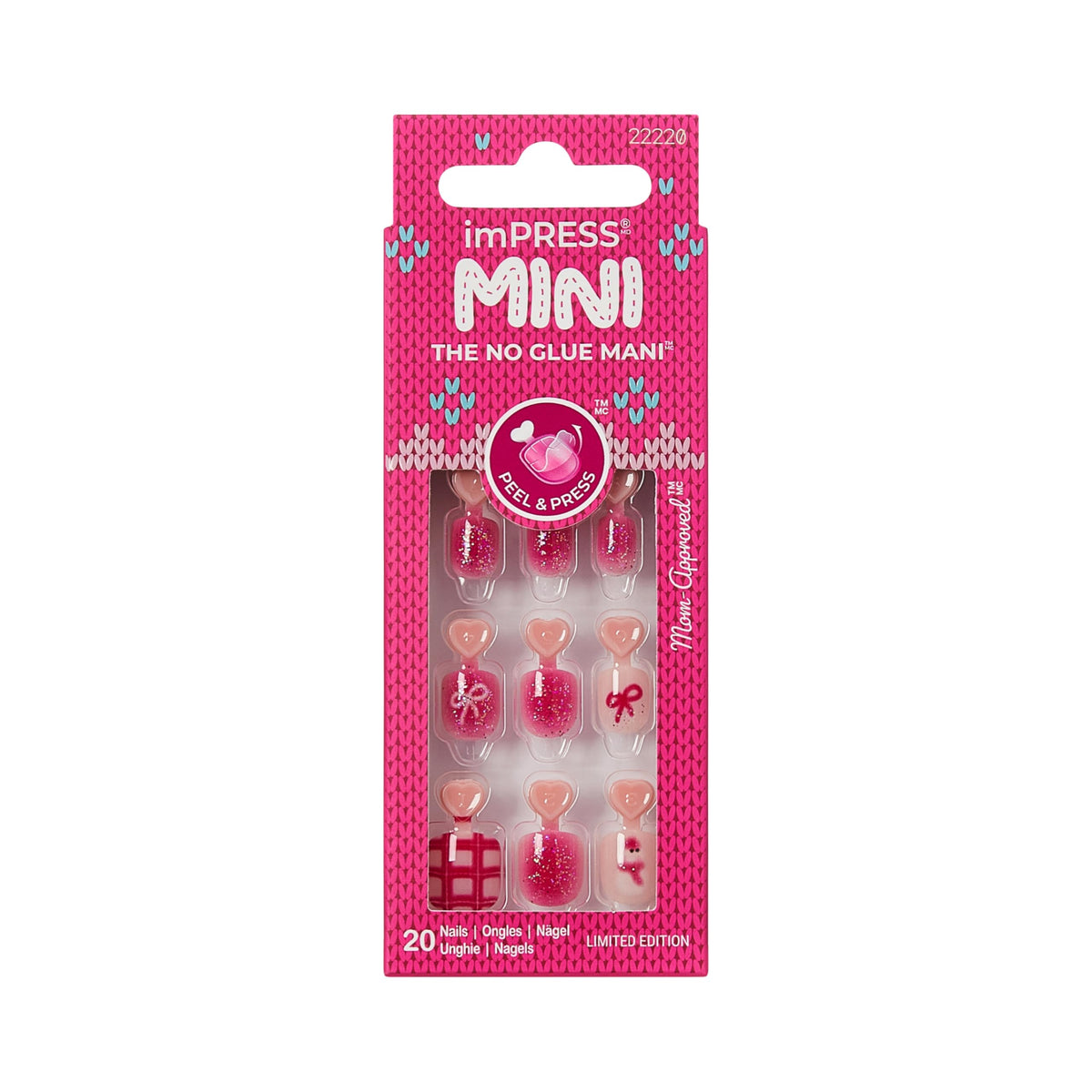 KISS imPRESS MINI Holiday Press On Nails for Kids, ‘Hahaha Ugh’, Pink, Child Size, Squoval Shaped, Mess-Free, Mom Approved, Non-Toxic, Breakaway Application Tabs, Nail File, 20 Fake Nails