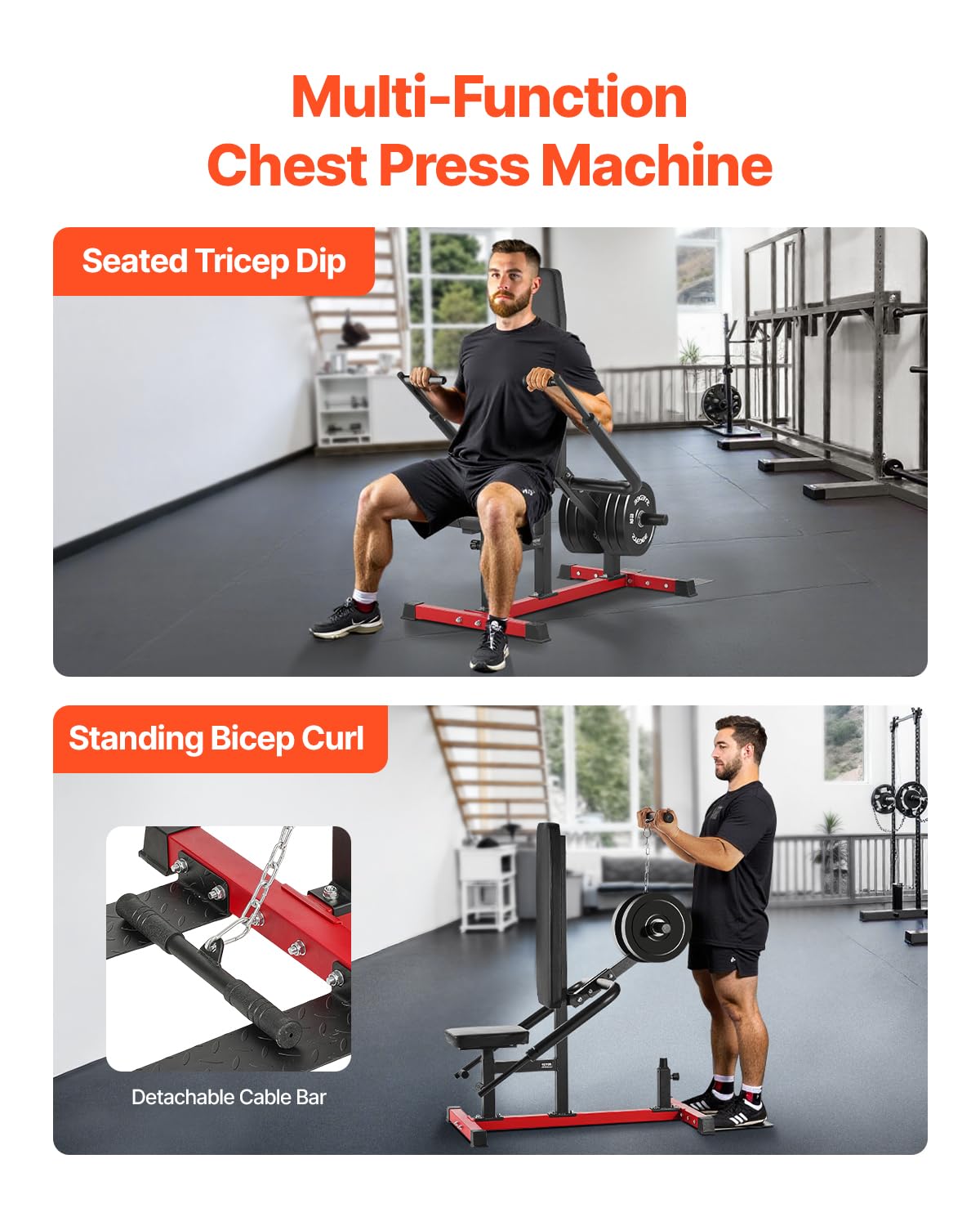 VEVOR Seated Dip Machine, Tricep Bicep Press Down Machine with Cable Bar, Adjustable Seat, and Backrest, Exercise Equipment for Chest Training, Upper Body Push Fitness Workout, Hold up to 450LBS
