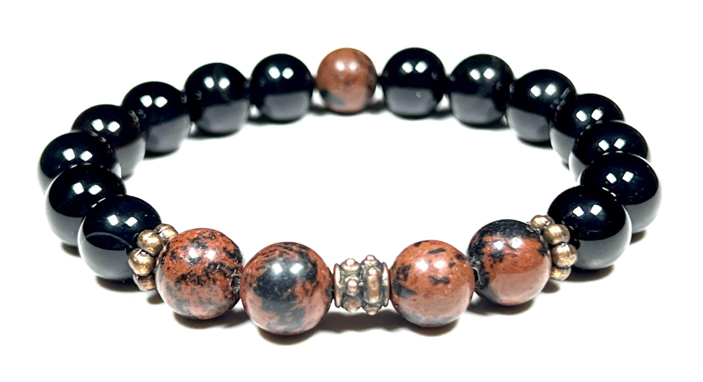 AWAKEN YOUR KUNDALINI Mahogany and Black Obsidian Stretch Bracelet | 10mm Beads | October November December Birthstones for Scorpio Sagittarius | Root Chakra Grounding Beads (Wrist Size 7.5 Inches)