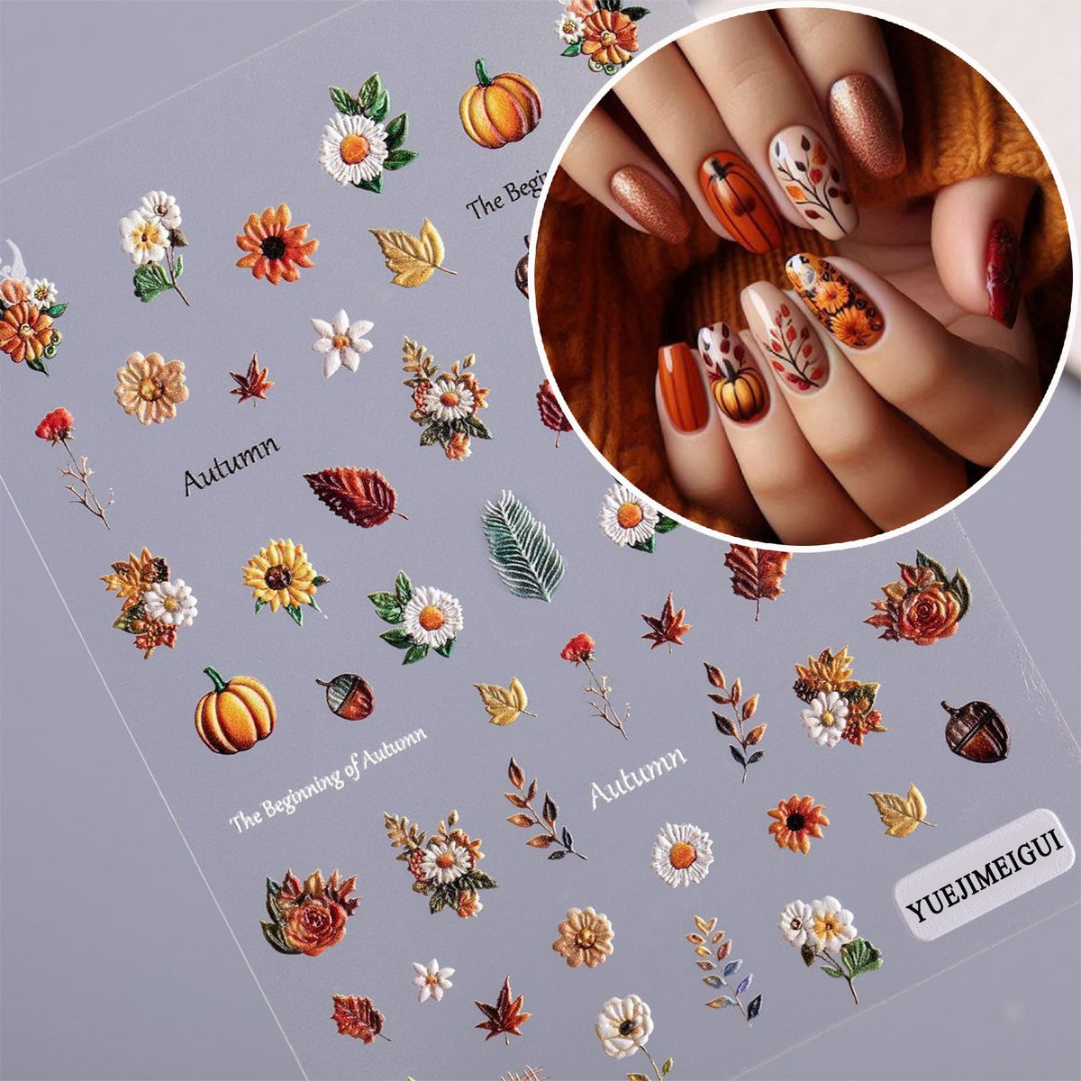 2 Sheets Maple Leaf Nail Art Sticker 5D Embossed Thanksgiving Pumpkin Nail Stickers Pinecone Rose Ginkgo Leaf Design Nail Decals for Women Autumn Manicure Decoration