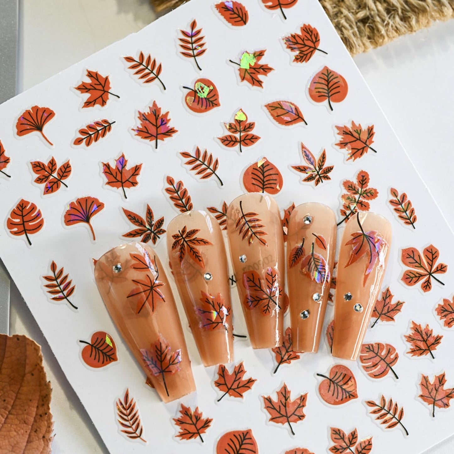 12 Sheets Fall Maple Leaves Nail Stickers Jelly Golden Fallen Leaves 5D Nails Decals Self-Adhesive Thanksgiving Nail Art Supplies for Women Girls DIY Manicure Decorations
