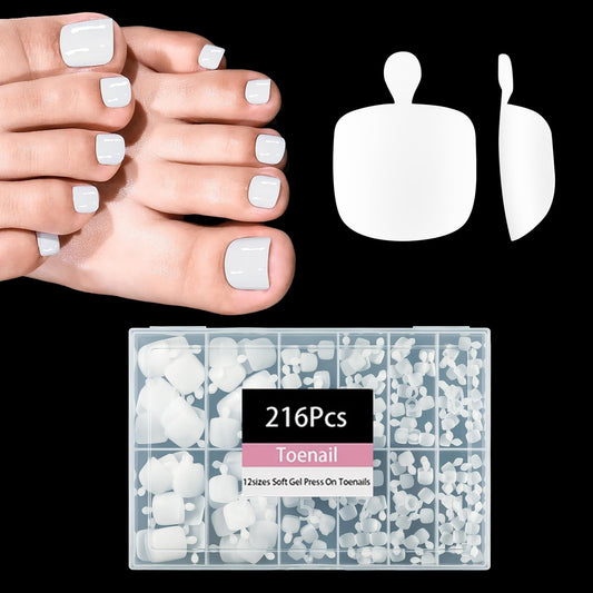 White Press on Nail for Women, OPkssnails 216pcs Summer French Tip Press on Toenails Short Square, Soft Gel Toe Nail Tips, Soak off Acrylic Fake Toe Nail Extensions 12 Sizes