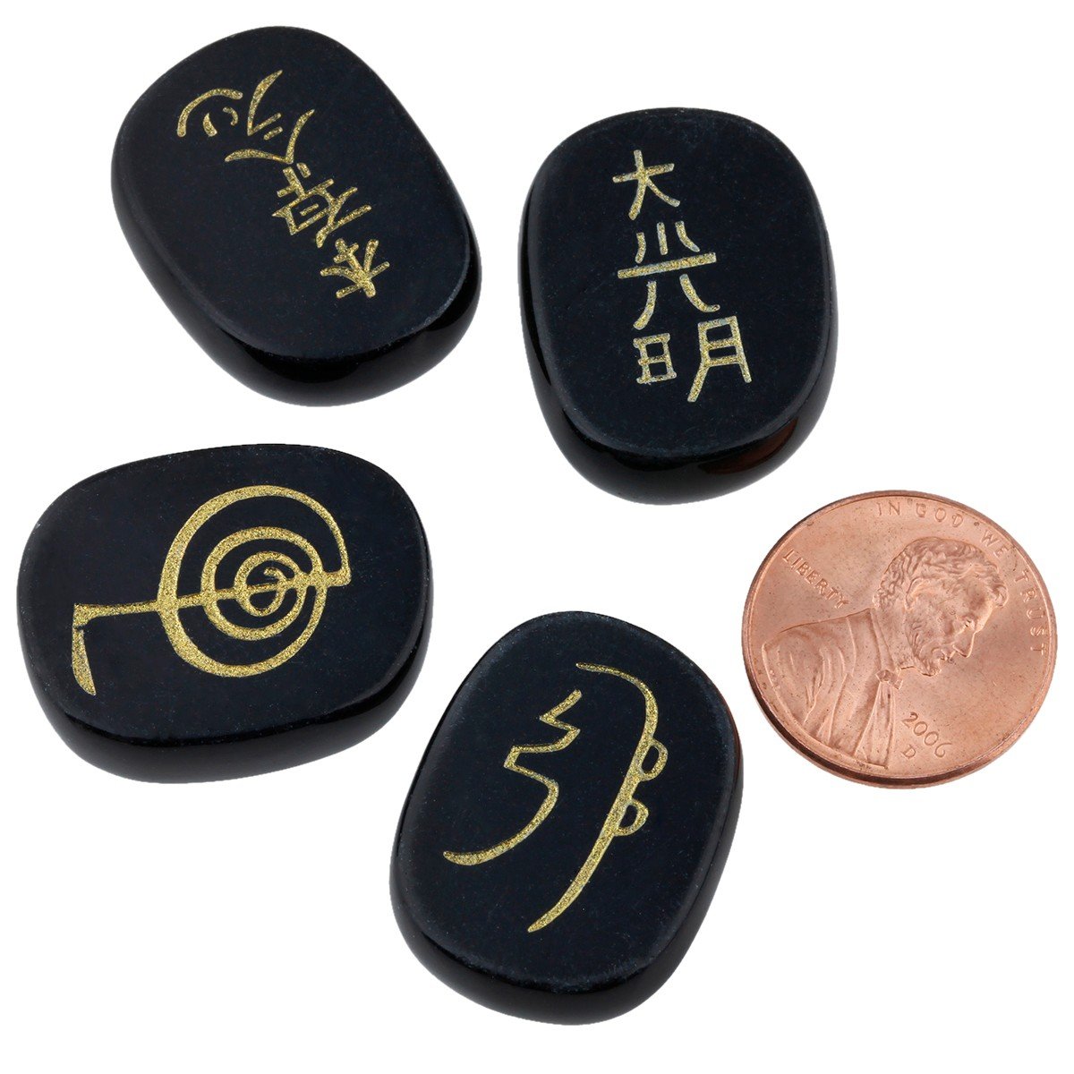 rockcloud Healing Crystal Black Agate 4pcs Engraved Chakra Stones Palm Stone Reiki Balancing