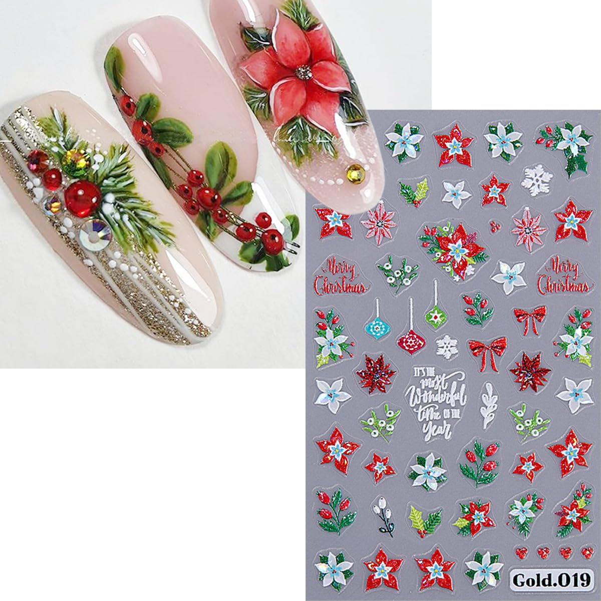 2 Sheets Christmas Nail Stickers for Nail Art 5D Embossed Flower Nail Art Stickers with Snowflake Bow Cherry Leaf Design Winter Nail Decals Nail Art Supplies for Women Acrylic Manicure Decorations