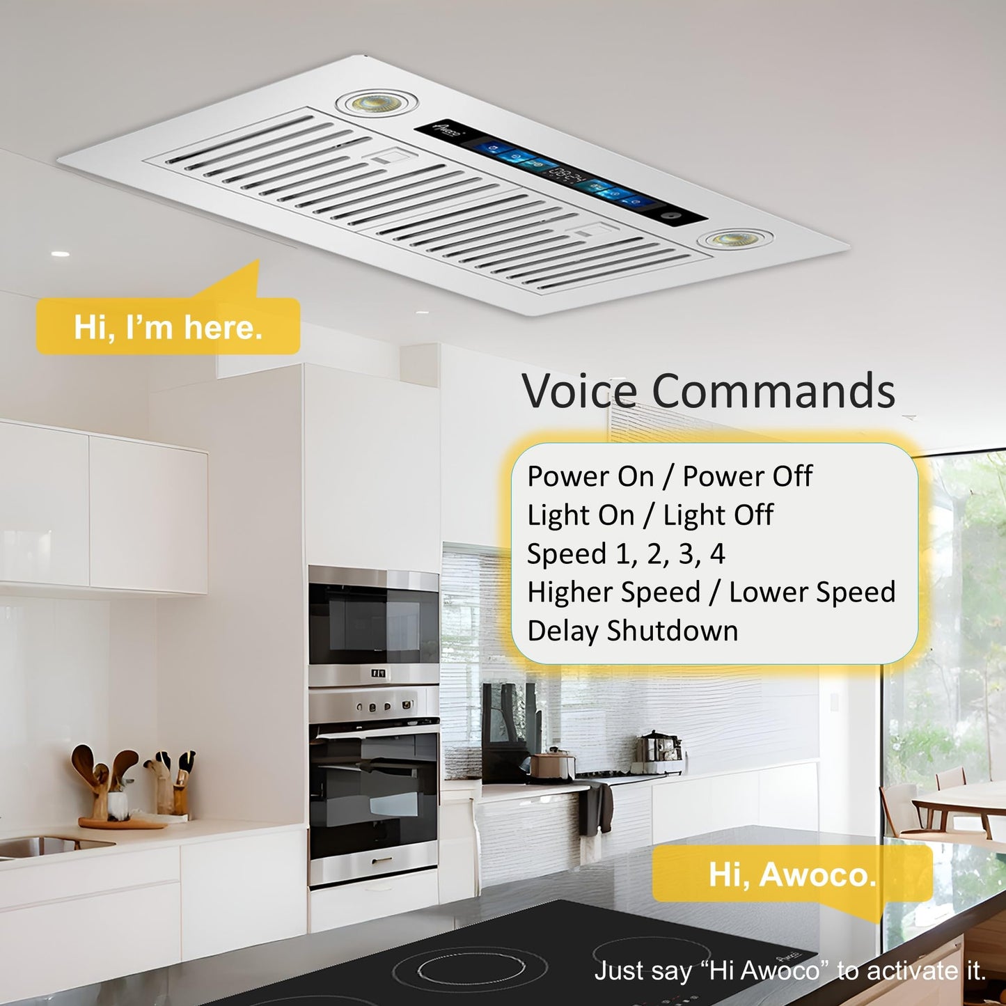 Awoco 28"Wx15"D Ceiling Insert Mount Split Quiet Range Hood with Voice, Gesture, Touch, Remote Controls, 1000 CFM Kitchen Hood with 4-Speed Exhaust Fan, Stainless Steel Stove Hood with 8" Blower