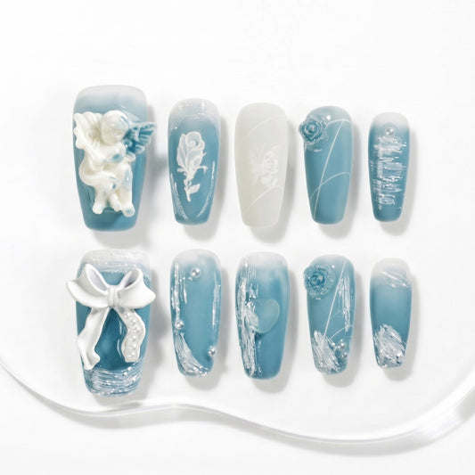 Sun&Beam Nails Handmade Press On Nail Coffin Ballerina 3D Accessories Blue Acrylic Fake Tip Design Art Charms Cute with Storage Box 10 Pcs (#008 L)