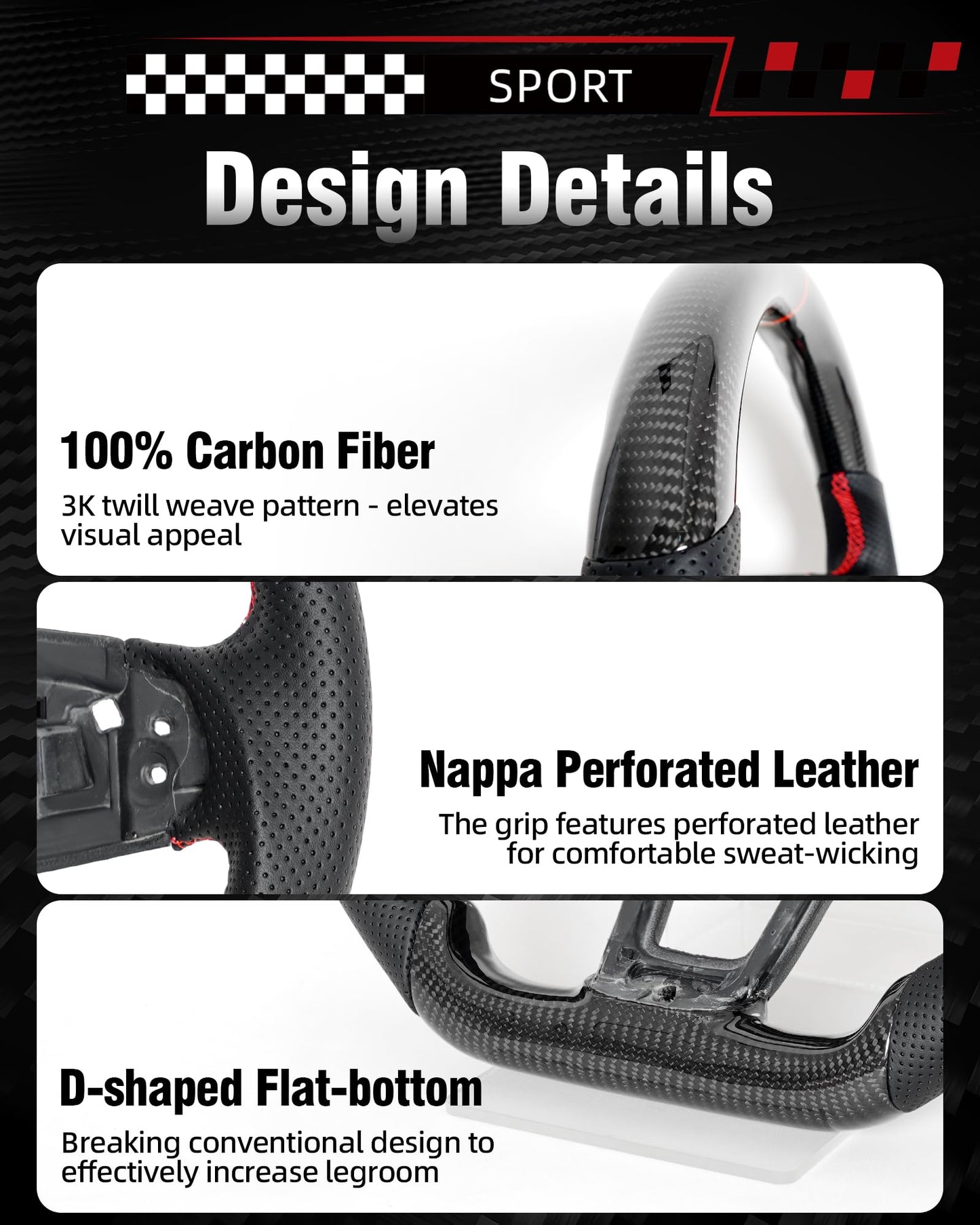 Carbon Fiber Steering Wheel for Volkswagen Golf GTI Mk7 MK7.5 2015-2020, D-shaped Flat-bottom Red Positioning Lines Red Stitching Steering Wheel for 15-20 Golf R-line(Only fit Auto Vehicles)