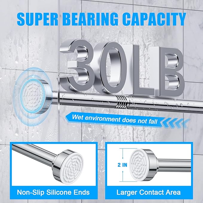 TEECK Shower Curtain Rod, 32-92 inch Adjustable Spring Tension Curtain Rod, Never Rust Anti-Slip Shower Curtain Rod for Bathroom, No Drilling, Never Collapse, Easy to Use, Silver
