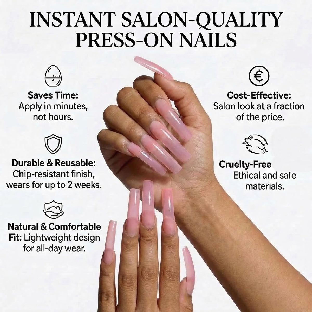 IMSOHOT Long Curved Press on Nails, Square Jelly Nude Pink Fake Tips with Glue, 20Pcs Full Cover Sheer French Design, Clean Girl Aesthetic Acrylic Glue-ons