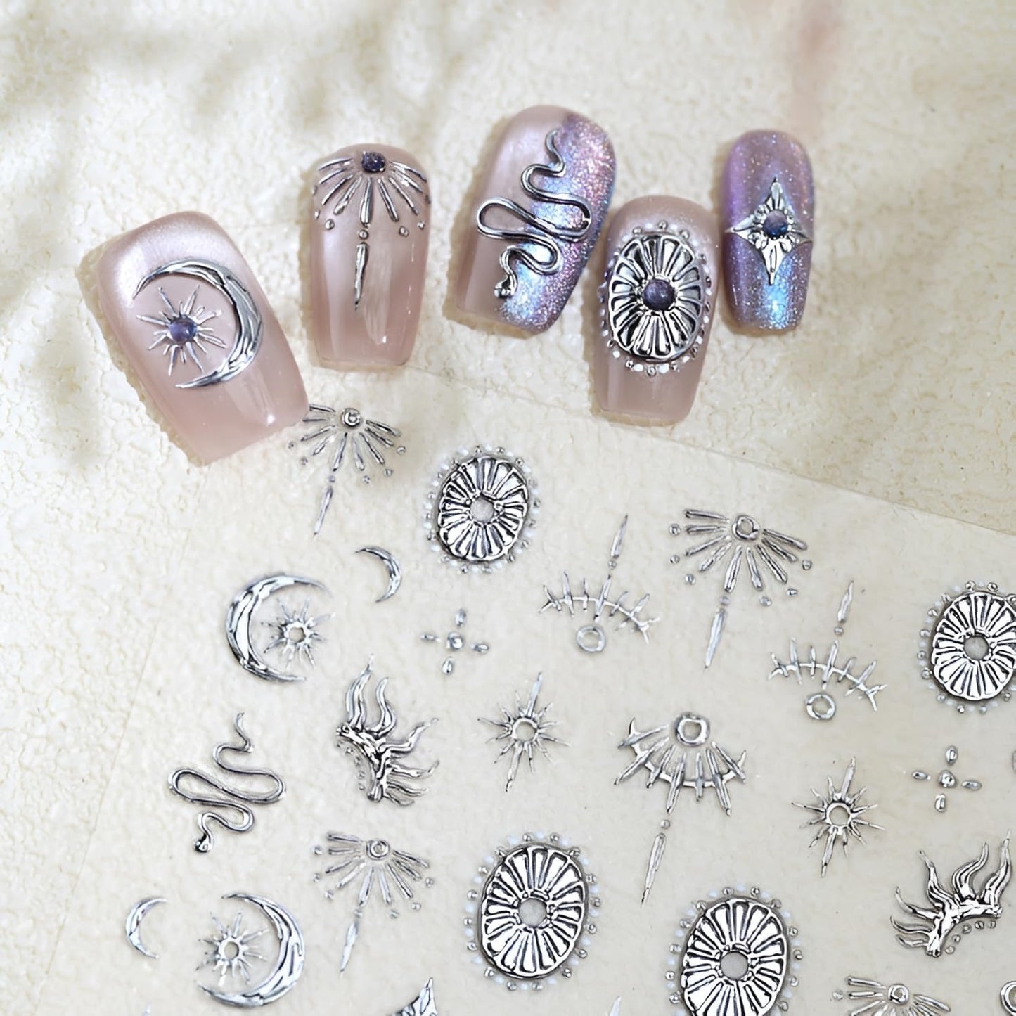 2 Sheet Snake Nail Stickers Silver Gold Nail Art Stickers Decals with Moon Sun Design Nail Stickers for Nail Art 5D Embossed Manicure Decoration for Women Nails Supplies