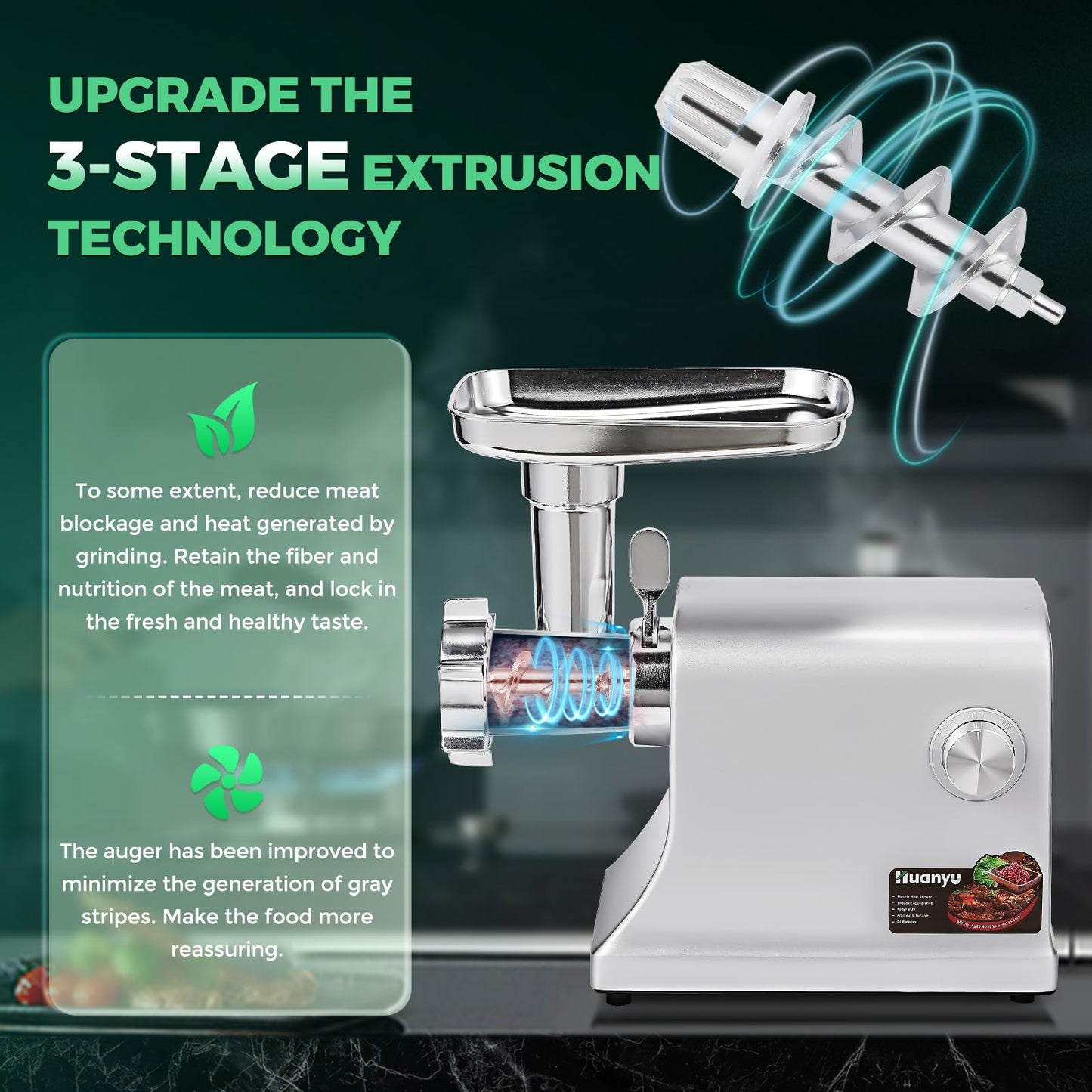 Huanyu Electric Meat Grinder Sausage Maker Machine 2800W Max Heavy Duty with Stainless Steel Blade&3 Grinding Plates, Sausage Stuffer Tubes & Kubbe Kit for Home Kitchen Using
