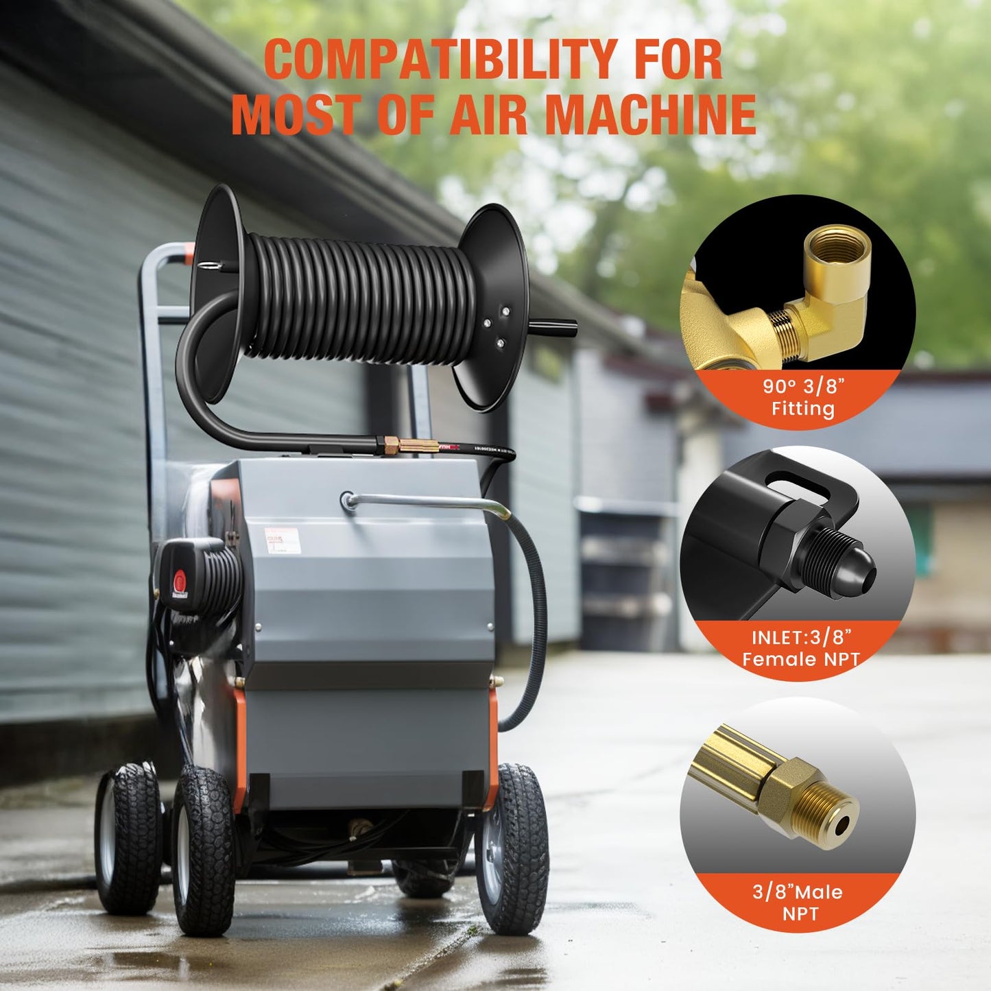 BreAro Pressure Washer Hose Reel, 100FT High Pressure Hose Reel with Hand Crank, 3/8" Heavy Duty Steel Pressure Washer Reel, 4000 PSI Power Washer Hose Reel Swivel Arm for Air/Liquid/Water Use