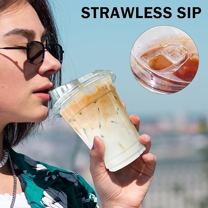 BYSNOW 16 oz 50 Pack Clear Plastic Cups with Lids, Disposable Iced Coffee Drink Cups with Strawless Sip Lids for Parties, Outdoors, Office and Events