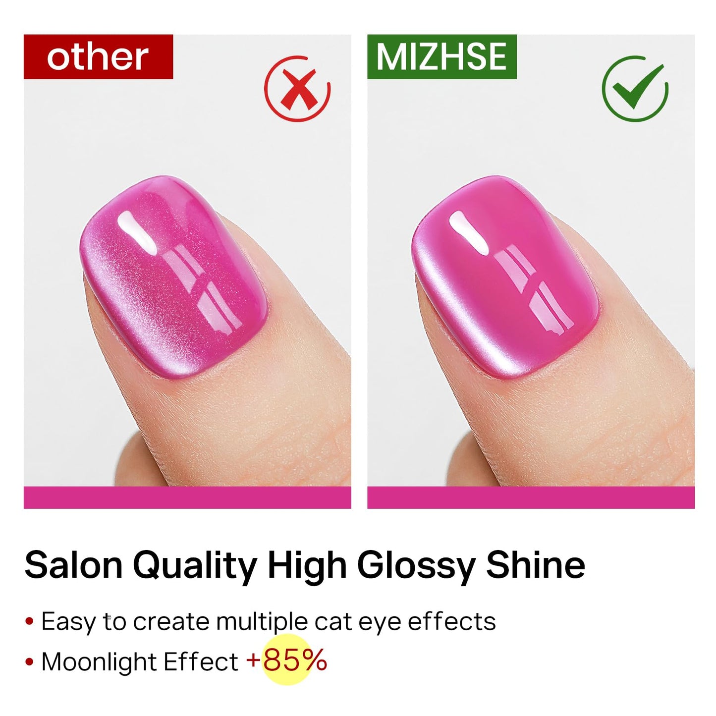 MIZHSE Cat Eye Gel Nail Polish, Pink Magnetic Gel Polish Set with Magnet Stick, Glossy Finish Neon Hot Pink Soak Off Nail Art Manicure Salon DIY Home Women Gift
