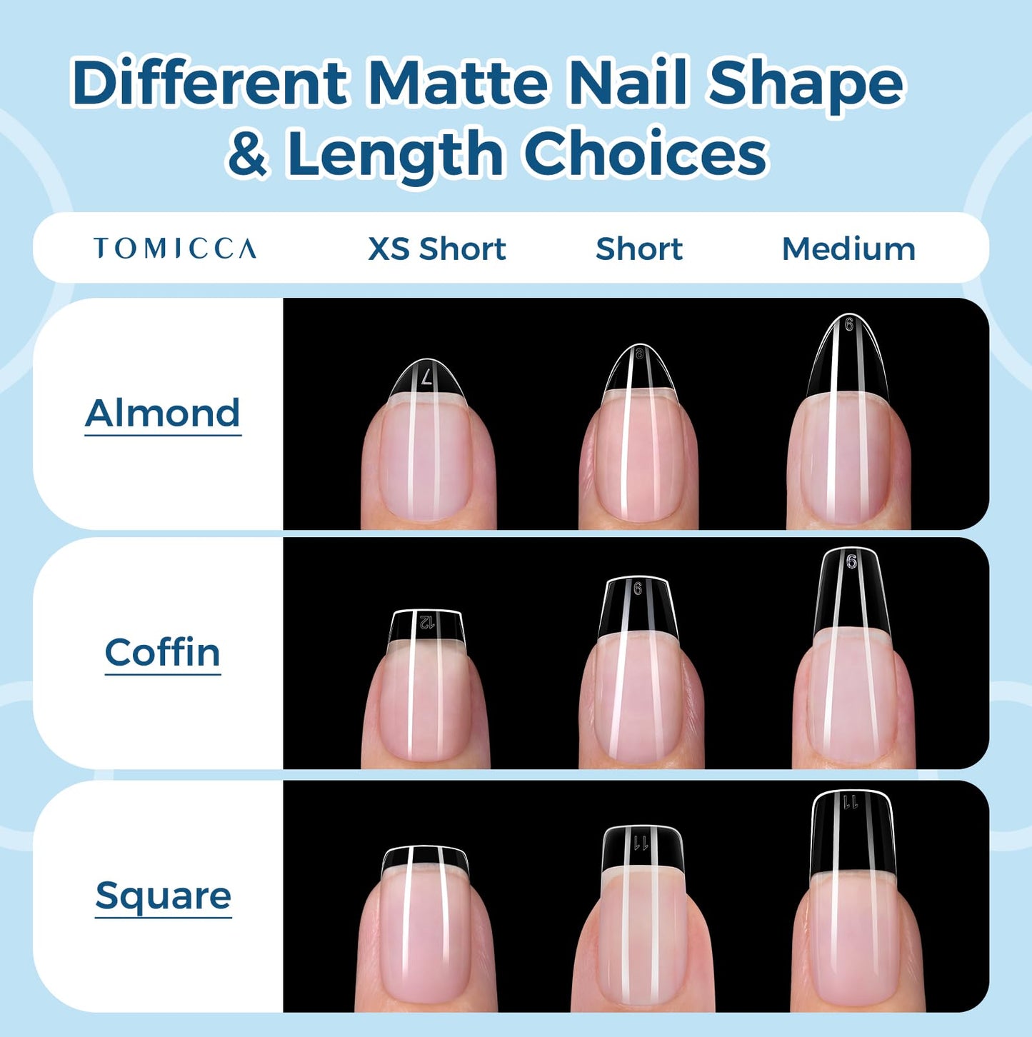 TOMICCA Medium Square Nail Tips 15 Sizes 450Pcs Pre Shaped Half Matte Full Cover Soft Acrylic Fake False Tips for Manicure Salon DIY at Home