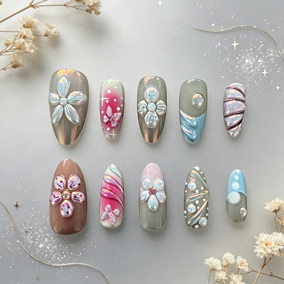3D Press On Nails Almond Medium French Fake Nails with Cat's Eye Embossed Flower&Butterfly Summer Designs, Acrylic Artificial Nail Press ons False Stick On Nails for Women Girls 30Pcs