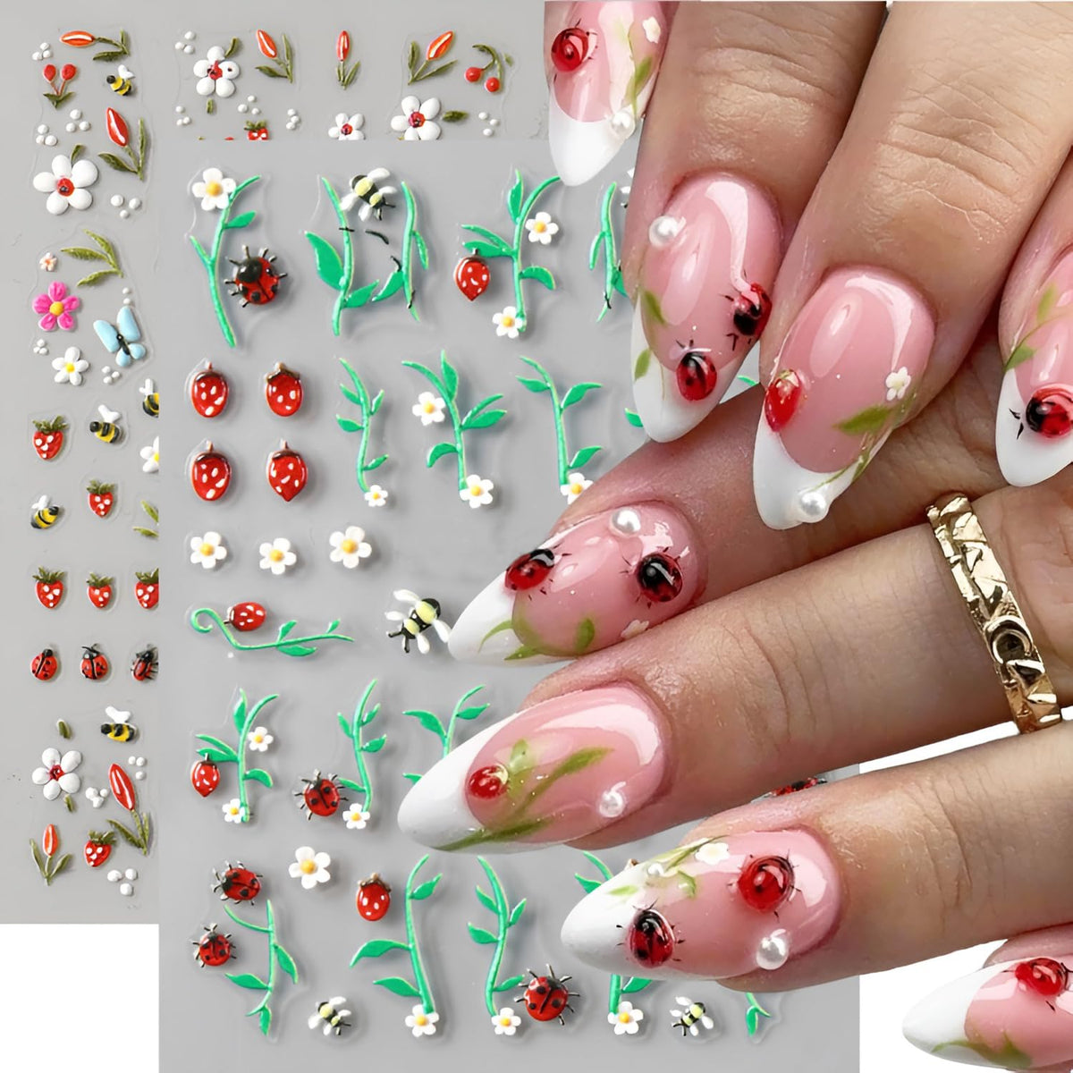 Spirng Nail Stickers for Nail Art 5D Embossed Cute Ladybug Nail Decals Flower Nail Art Stickers Strawberry Leaf Nail Design Summer Nail Art Supplies for Women Girls 2 Sheets