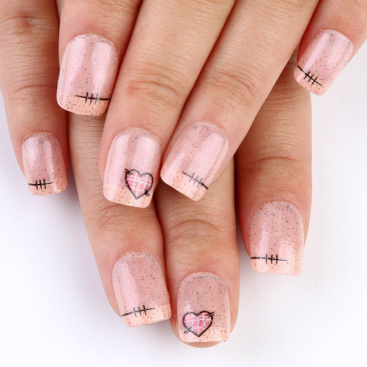 FIEONCIY Press on Nails Short Square Glossy Full Cover Acrylic Short Square False Nails with Heart Designs Artificial Square Fake Nails Glue ons Fingernails for Women Girls(YS505)
