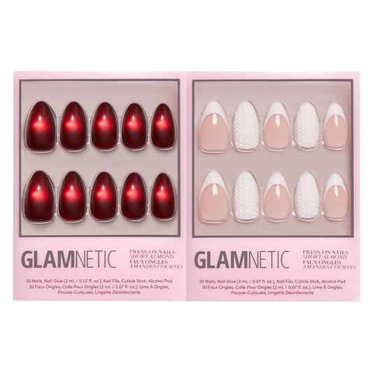 Glamnetic Press-On Nails Bundle - Frosted Cranberry & Sweater Weather | Short Almond Fake Nails in Deep Red with Jelly Finish | Short Almond Fake Nails with White Glitter French Tips & 3D Designs | Du