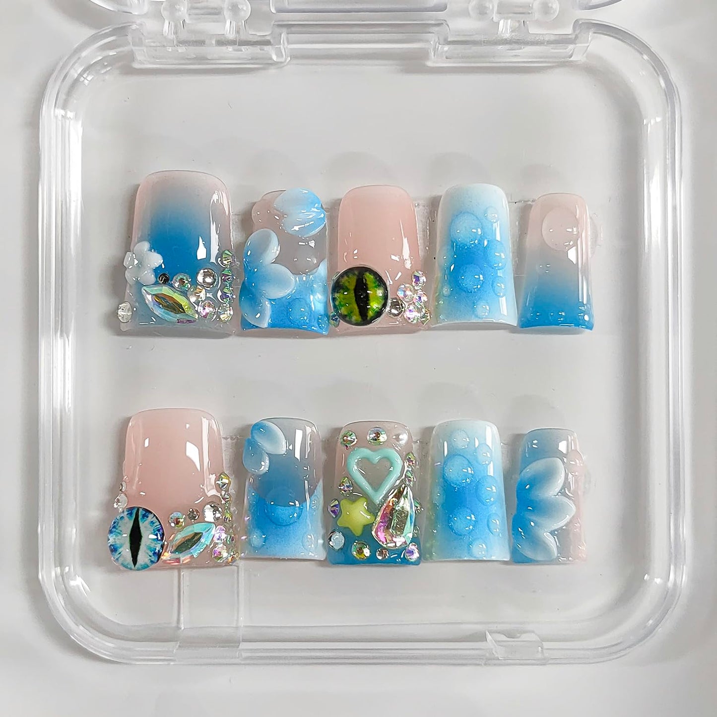 Handmade Press on Nails Short Duck 3D Floral Thick Acrylic Fake Nails French Tip False Nails with Rhinestones Flower Eyes Charms Designs Nail Blue Sturdy Art Press on Nail 10Pcs(S)