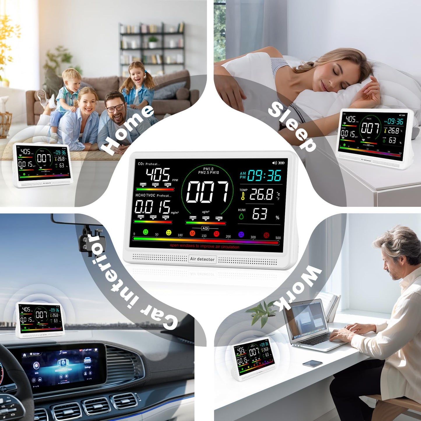 16-in-1 Air Quality Monitor Indoor, 7" Display with 9 AQI Metrics & 7 AQI Alarms, Monitors CO2, PM2.5, PM1.0, PM10, HCHO, TVOC, Temperature, Humidity & AQI, Time, for Home,Office, Car, Plants & Pets